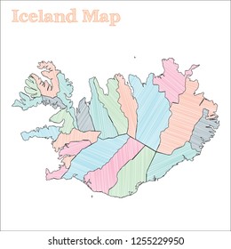 Iceland hand-drawn map. Colorful sketchy country outline. Marvelous Iceland map with provinces. Vector illustration.