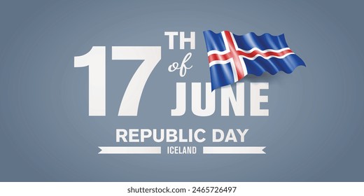 Iceland happy republic day greeting card, banner with template text vector illustration. Icelandic memorial holiday 17th of June design element with 3D flag with cross