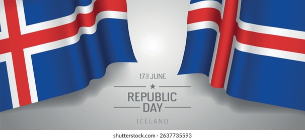 Iceland happy republic day greeting card, banner with template text vector illustration. Icelandic memorial holiday 17th of June design element with 3D flag with cross