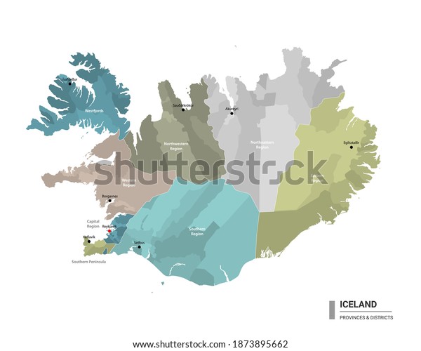 Administrative Map Of Iceland With Districts And Cities Name Colored