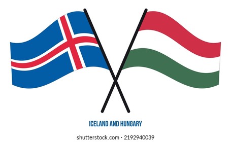 Iceland and Hungary Flags Crossed And Waving Flat Style. Official Proportion. Correct Colors.