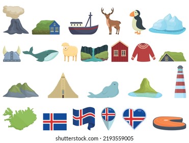 Isländische Symbole setzen Cartoon-Vektorgrafik. Nordinsel. Polar-Tourist