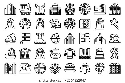 Iceland icons set outline vector. North island. Polar tourist