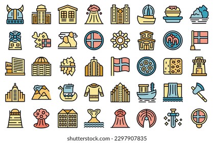 Iceland icons set outline vector. North island. Polar tourist thin line color on white