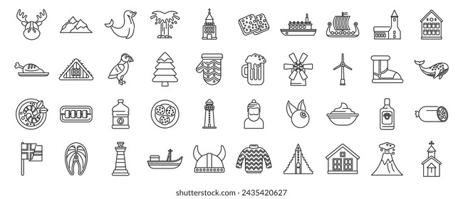 Iceland icons set outline vector. North island polar. Tourist adventure country