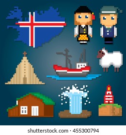 Iceland icons set. Pixel art. Old school computer graphic style. Games elements.