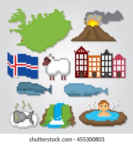 Iceland icons set. Pixel art. Old school computer graphic style. Games elements.