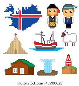 Iceland icons set. Pixel art. Old school computer graphic style. Games elements.
