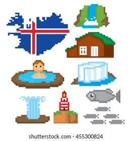 Iceland icons set. Pixel art. Old school computer graphic style. Games elements.