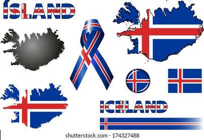 Iceland Icons. Set of vector graphic images and symbols representing Iceland. The text says 'Iceland' in Icelandic.