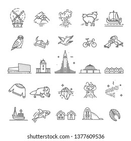 Iceland icons. Tourism and attractions, thin line design