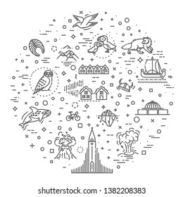 Iceland icons. Tourism and attractions, thin line design