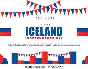 Día de la Independencia de Islandia. 17 de junio de 2024 Anuncio de celebración del Día Nacional de Islandia con colores de la bandera de Islandia, Formas modernas. Afiche de celebración islandés sobre fondo blanco con banderines azules y rojos