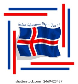 Iceland Independence Day event banner. Icelandic flag flying on white background to celebrate on June 17th