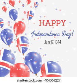 Iceland Independence Day Greeting Card. Flying Balloons in Icelander National Colors. Happy Independence Day Iceland Vector Illustration.
