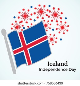 Iceland  independence day greeting card. The flag on the background of fireworks. Vector 