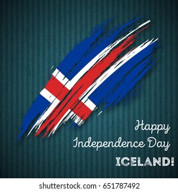 Iceland Independence Day Patriotic Design. Expressive Brush Stroke in National Flag Colors on dark striped background. Happy Independence Day Iceland Vector Greeting Card.