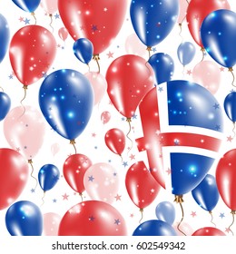Iceland Independence Day Seamless Pattern. Flying Rubber Balloons in Colors of the Icelander Flag. Happy Iceland Day Patriotic Card with Balloons, Stars and Sparkles.