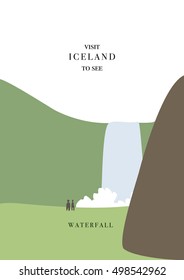 Iceland inviting postcard. Waterfall scenery vector illustration. Simple flat design