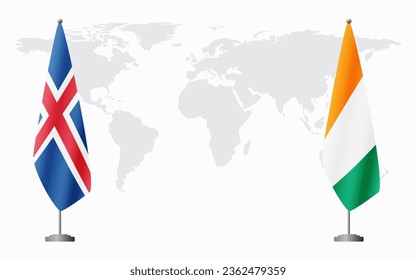 Iceland and Ivory Coast flags for official meeting against background of world map.