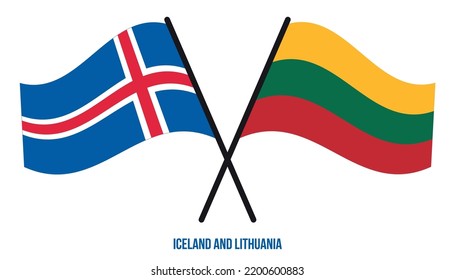 Iceland and Lithuania Flags Crossed And Waving Flat Style. Official Proportion. Correct Colors.