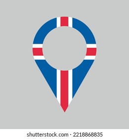 Iceland location pin, gps marker, made in Iceland symbol, find us sign, red, white and blue colors, vector