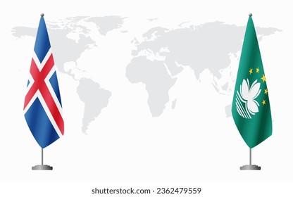 Iceland and Macau flags for official meeting against background of world map.