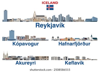 Islândia principais cidades skylines vetor ilustrações isoladas set