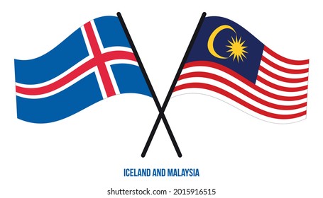 Iceland and Malaysia Flags Crossed And Waving Flat Style. Official Proportion. Correct Colors.