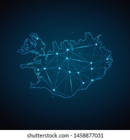 Iceland Map - Abstract geometric mesh polygonal network line, structure and point scales on dark background with lights in the form of cities. Vector illustration eps 10.