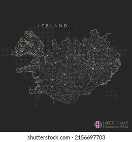 Islandia mapea el concepto abstracto de malla geométrica de luz poligonal con líneas de contorno de color blanco y negro países y puntos sobre fondo oscuro. Ilustración vectorial.