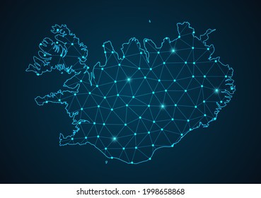 Iceland map Abstract mash line and point scales on dark background. Wire Frame 3D mesh polygonal network line. Network line, design sphere, dot and structure vector.