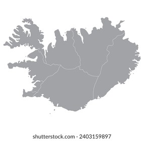 Iceland map. Map of Iceland in administrative regions in grey color
