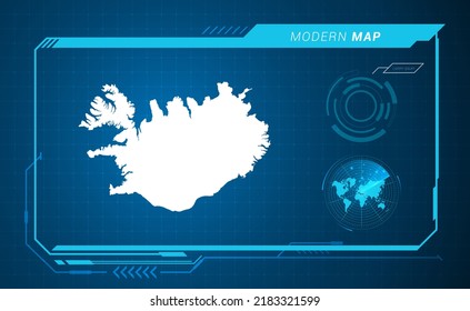 Iceland map of blue digital frame HUD, GUI, UI interface technology radar vector.