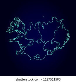 Iceland map: blue glitter outline with sparkling stars on dark background. Detailed map of Iceland. Vector illustration.
