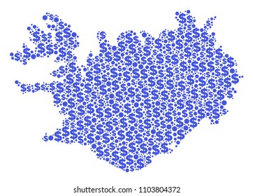 Iceland map collage of dollar signs and spheric dots in different sizes. Abstract vector cash and GDP Iceland map.
