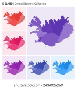 Iceland map collection with colored regions. Vector illustration featuring deep purple, red, pink, purple, indigo, and blue color palettes. Border of Iceland with provinces for infographics.