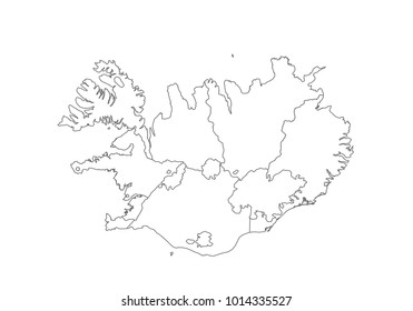 iceland map with country borders, thin black outline on white background. High detailed vector map with counties/regions/states - iceland. contour, shape, outline, on white.