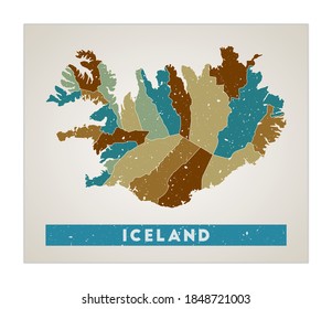 Iceland map. Country poster with regions. Old grunge texture. Shape of Iceland with country name. Powerful vector illustration.