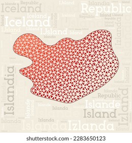 Iceland map design. Country names in different languages and map shape with geometric low poly triangles. Cool vector illustration of Iceland.