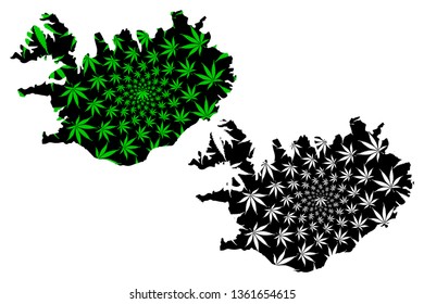 Iceland - map is designed cannabis leaf green and black, Iceland map made of marijuana (marihuana,THC) foliage,