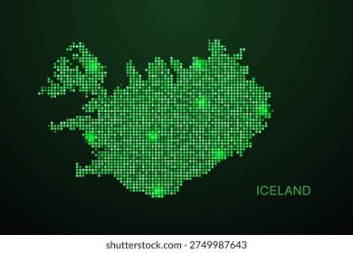 Iceland Map - Digital dotted map with glowing green points on dark background, modern technology style, abstract data network design, clean minimal geometric vector illustration.