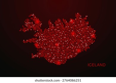 Iceland Map - Digital dotted map with glowing red points on dark background, modern technology style, abstract data network design, clean minimal vector illustration.