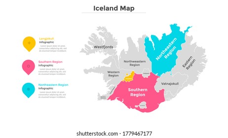 Iceland map divided into federal states. Territory of country with regional borders. Icelandic administrative division. Infographic design template. Vector illustration for touristic guide, banner.