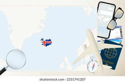 Iceland map and flag, cargo plane on the detailed map of Iceland with flag, passport, magnifying glass and airplane. Vector template.