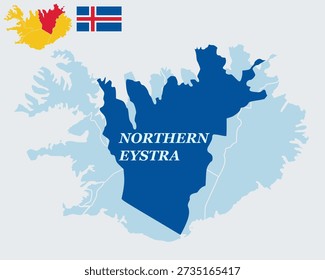 Iceland Map and Flag - Country, Northeastern Region and Norðurland Eystra Vector Outline

