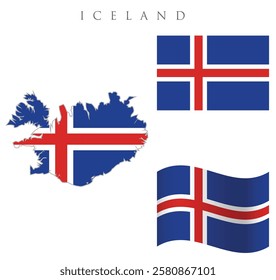 Iceland  map with flag embeded inside with 2  flags wavy flag and rectangular flag vector illustration