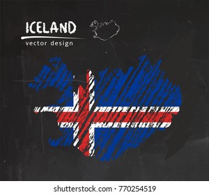 Iceland map with flag inside on the blackboard. Chalk sketch vector illustration