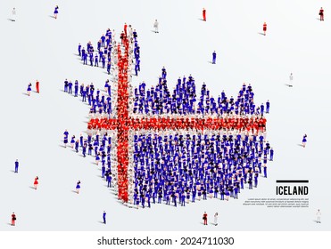 Iceland Map and Flag. A large group of people in the Iceland flag color form to create the map. Vector Illustration.