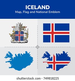 Iceland Map, Flag and National Emblem 